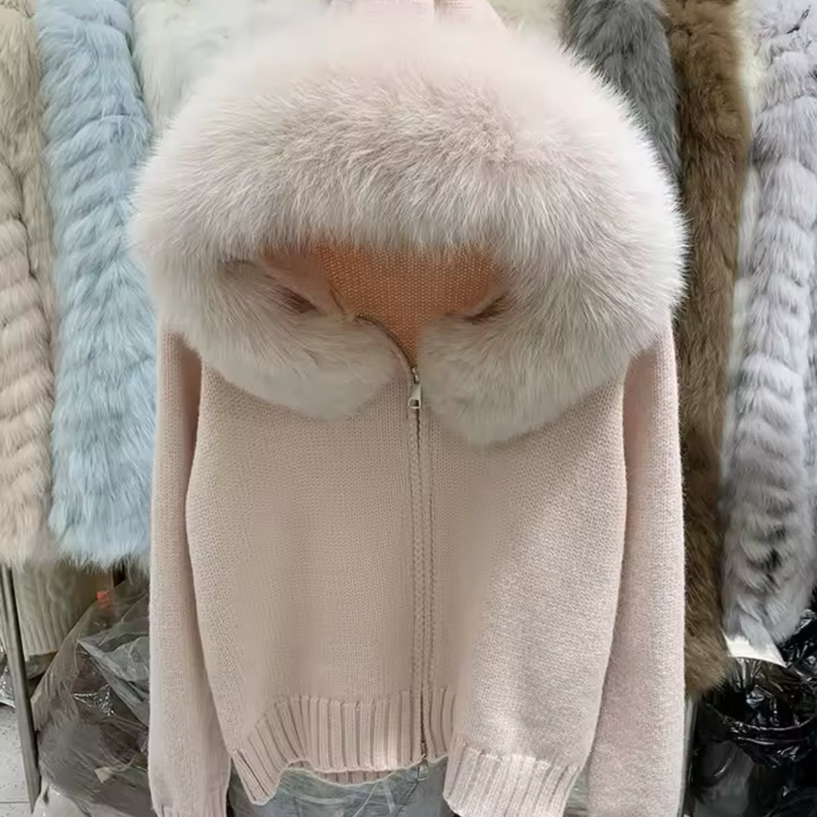 Jessica Bara Rialie Fur Hood Knit Zip Up Sweater
