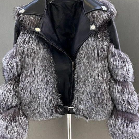 Jessica Bara Rizza Long Sleeve Leather Fur Belted Coat