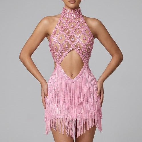 Jessica Bara Shiela High Neck Halter Crystal Fringe Mini Dress