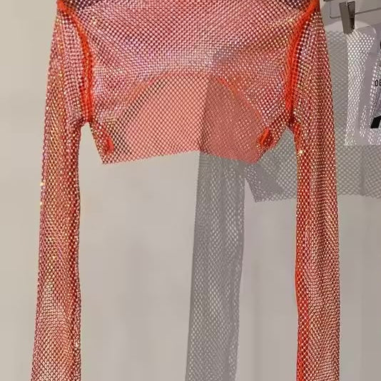 Jessica Bara Izarel Metallic Glitter See Through Long Sleeve Top