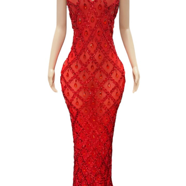 Jessica Bara Fashel Halter Deep V-Neck Crystal Maxi Dress