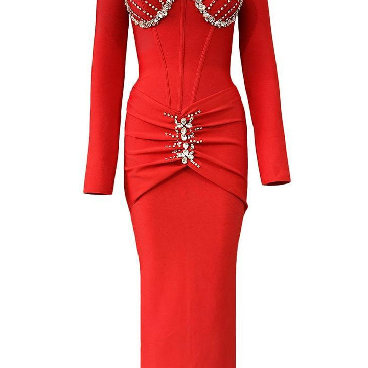 Jessica Bara Katalina Long Sleeve Corset Crystal Maxi Dress