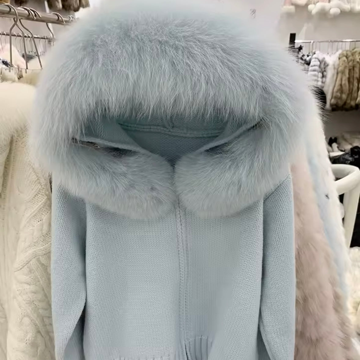 Jessica Bara Rialie Fur Hood Knit Zip Up Sweater