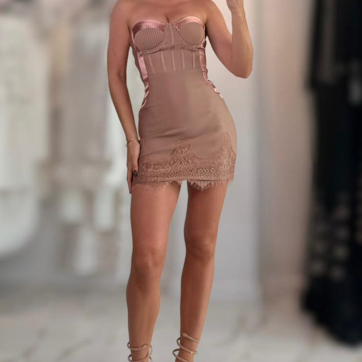 Jessica Bara Zaneah Strapless Tube Corset Bandage with Lace Mini Dress