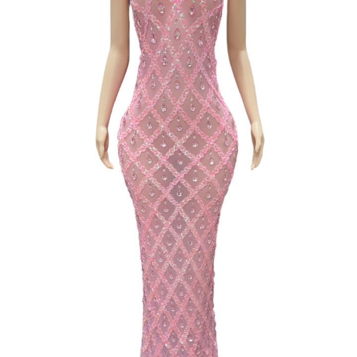 Jessica Bara Fashel Halter Deep V-Neck Crystal Maxi Dress