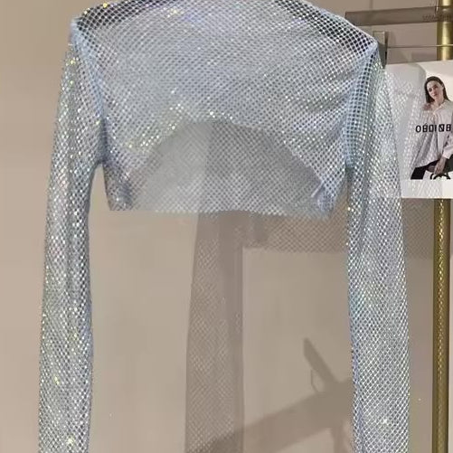 Jessica Bara Izarel Metallic Glitter See Through Long Sleeve Top