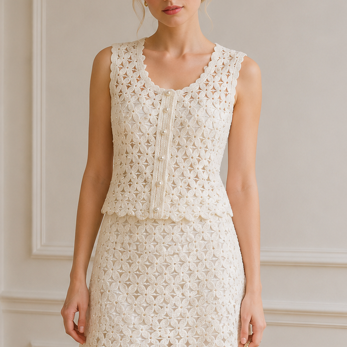 Jessica Bara Beva Knit Pearl Button Top and Mini Skirt Set