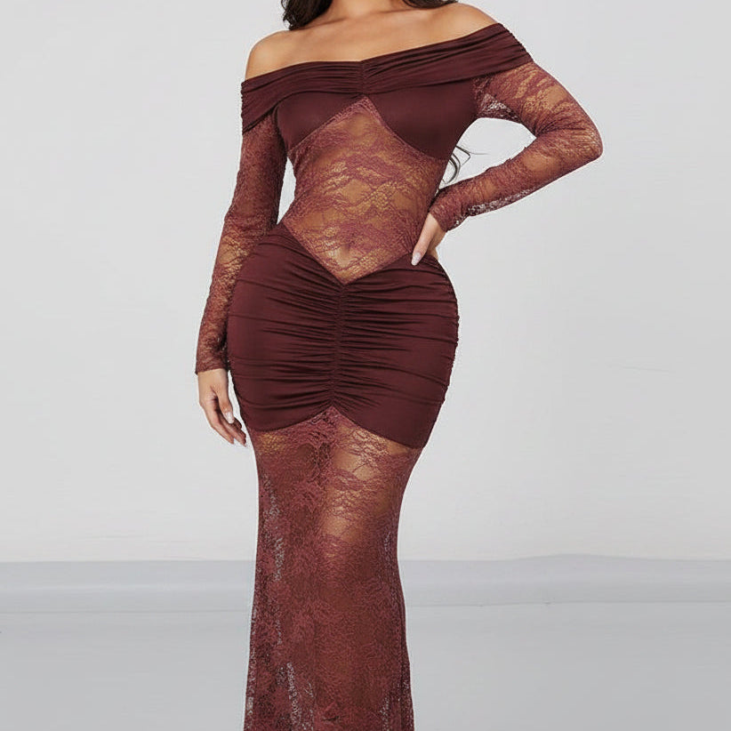 Jessica Bara Seika Off The Shoulder Lace See Through Maxi Dress