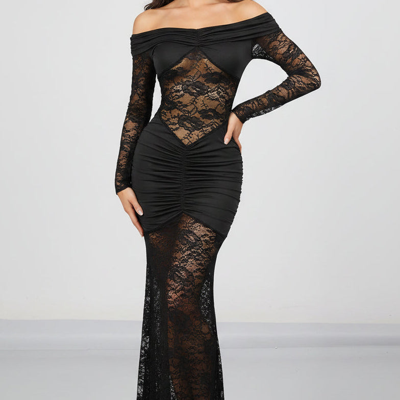Jessica Bara Seika Off The Shoulder Lace See Through Maxi Dress