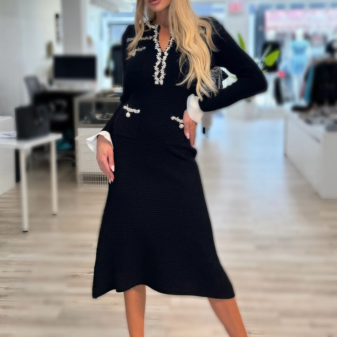 Jessica Bara Kendel Long Sleeve Knit Midi Dress