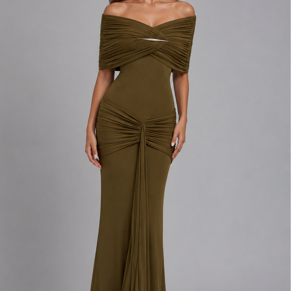 Jessica Bara Avendi Off The Shoulder Ruched Gown