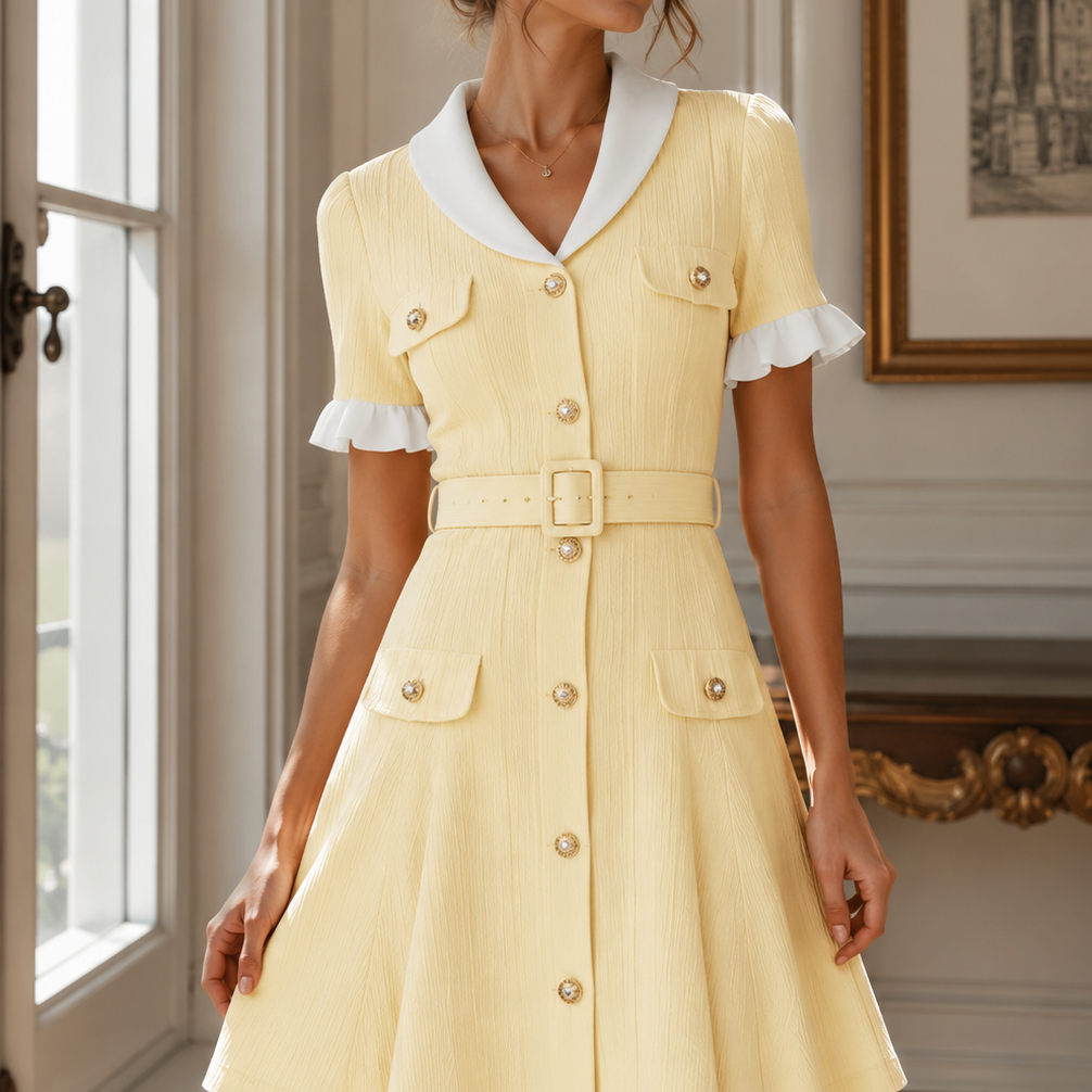 Jessica Bara Avidesh Gold Button Belted Mini Dress