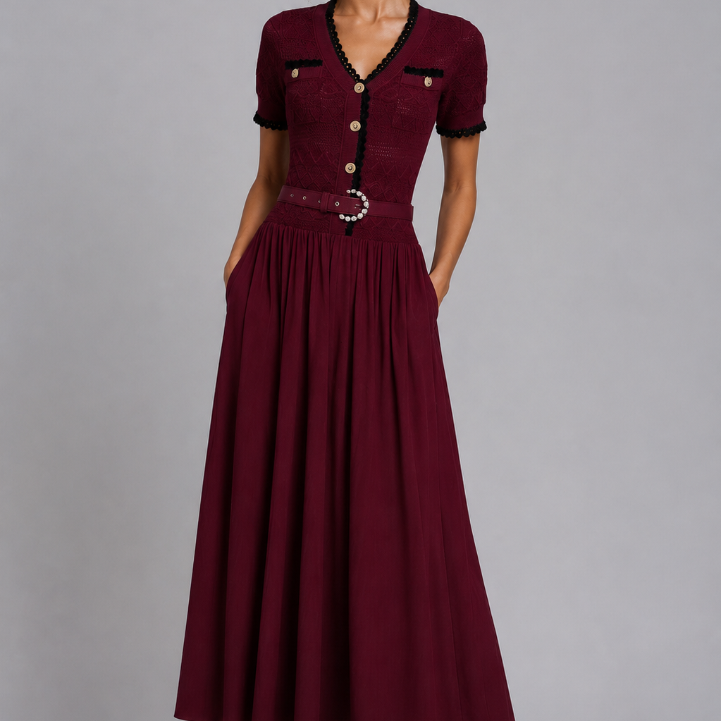 Jessica Bara Azlieka Knit Gold Button Belted Maxi Dress