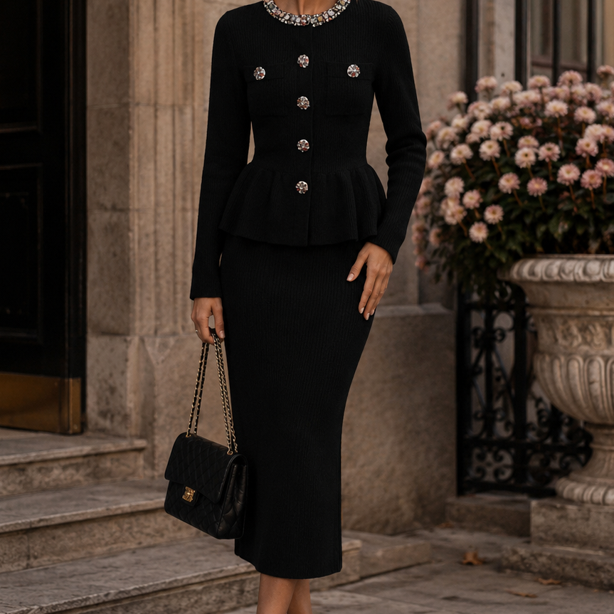 Jessica Bara Azria Long Sleeve Peplum Top and Maxi Skirt Two Piece Set