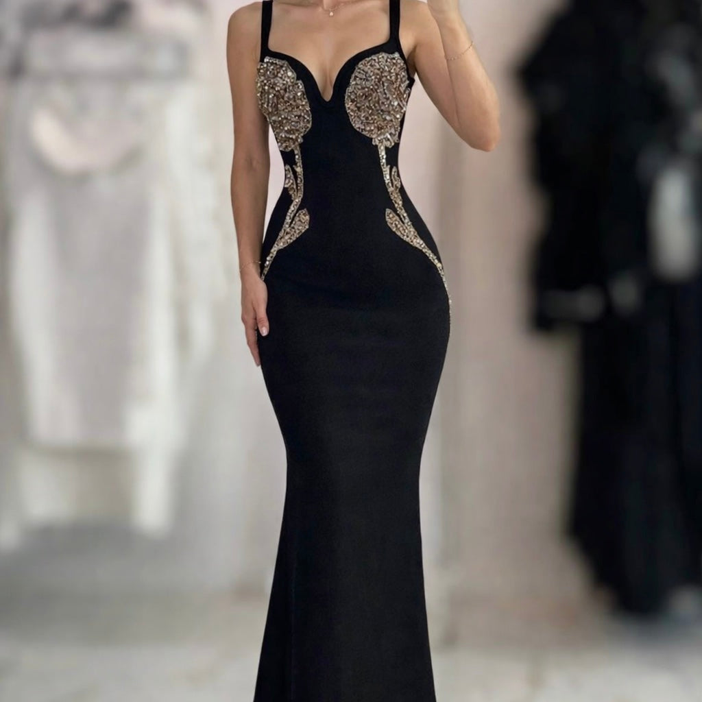 Jessica Bara Nihle Crystal Rose Deep V Neck Maxi Dress