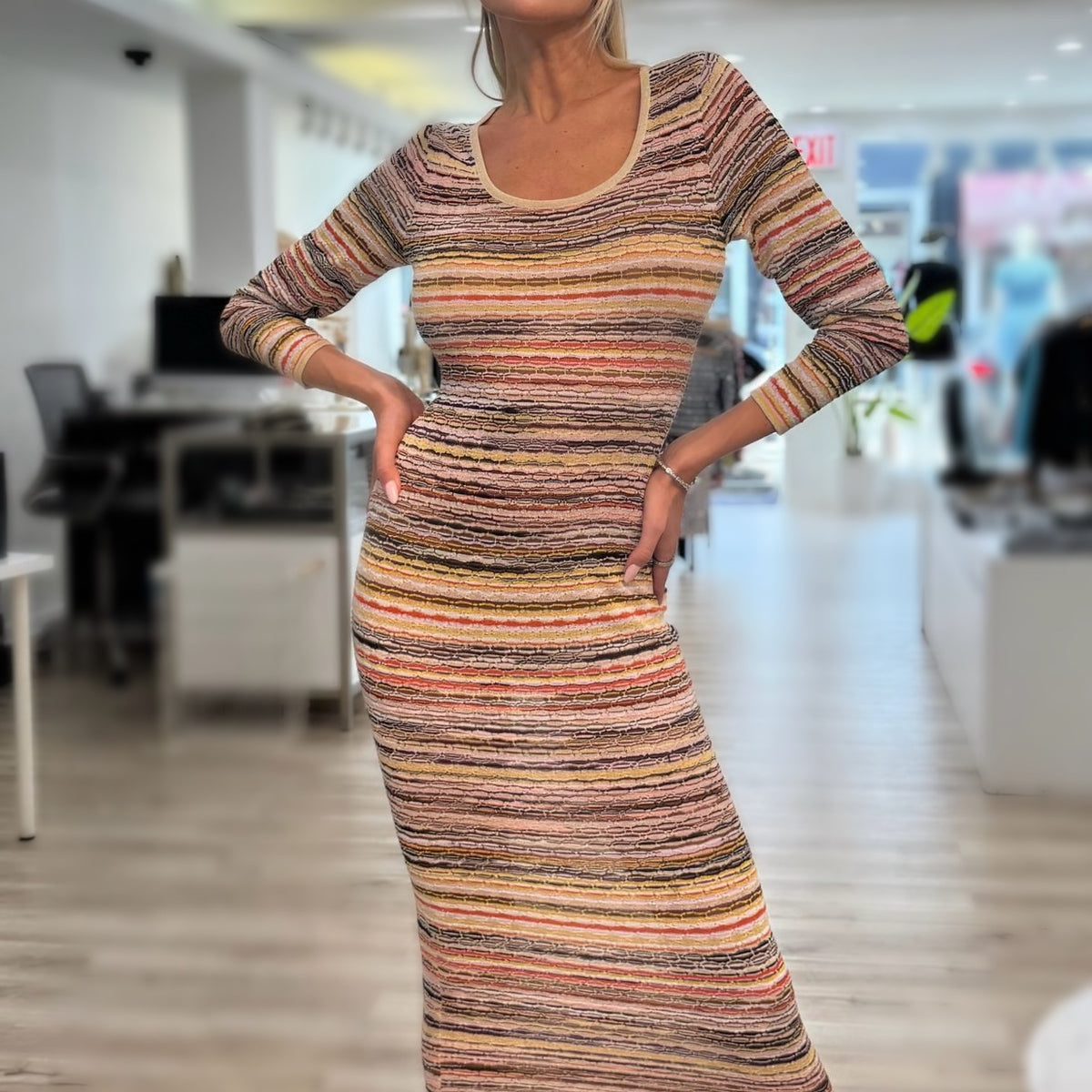 Jessica Bara Asver Long Sleeve Stripped Midi Dress