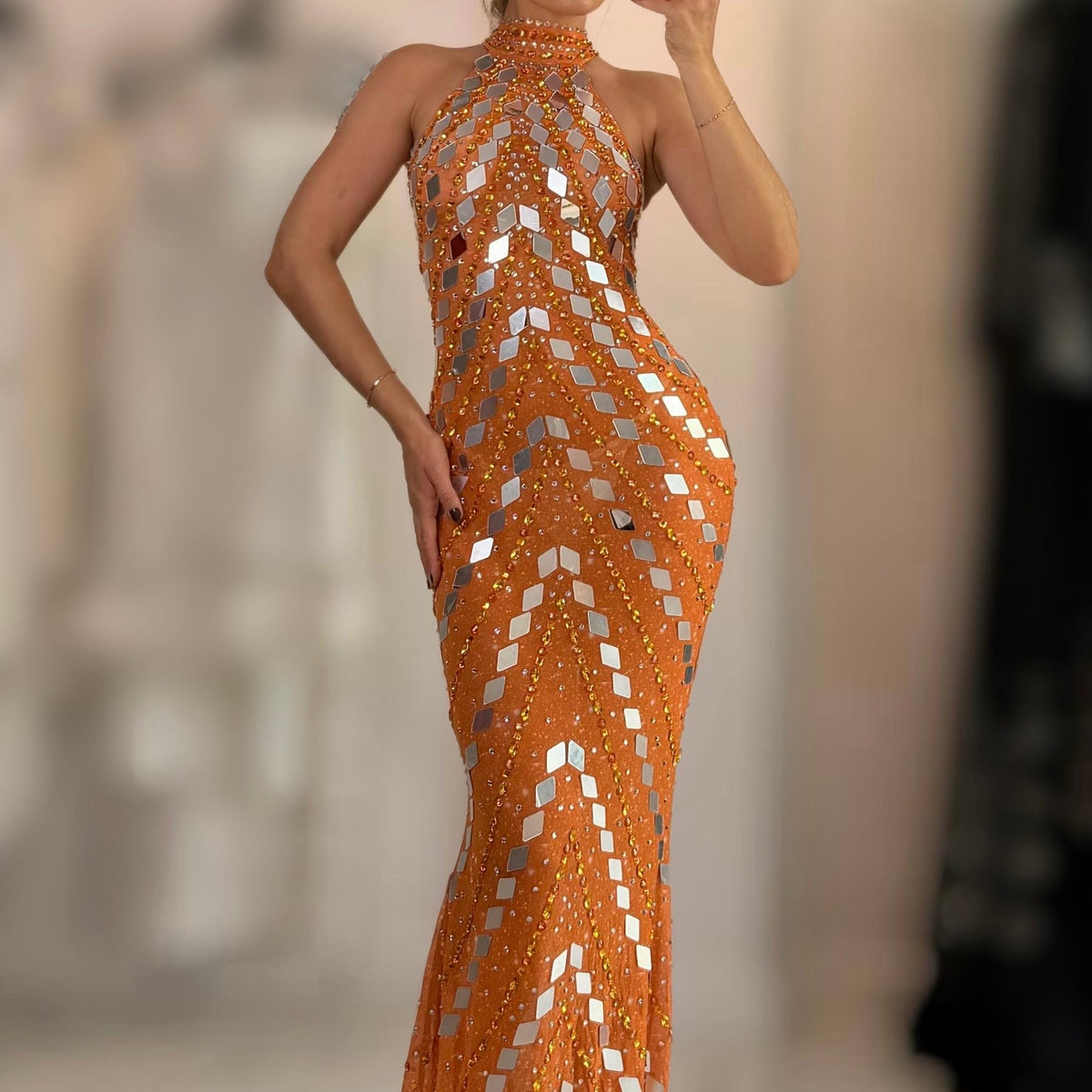 Jessica Bara Ameron Crystal Sequin Gown