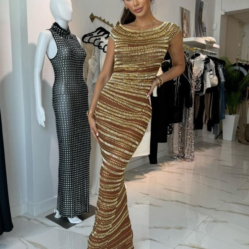 Jessica Bara Gabbie Sequin Off The Shoulder Maxi Dress