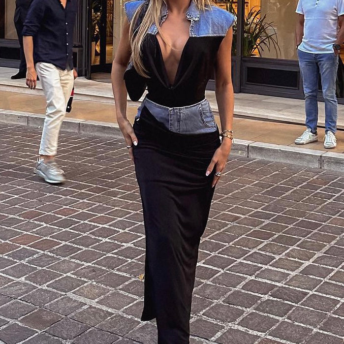 Jessica Bara Creed Patchwork Denim Top and Maxi Skirt Two Piece Set
