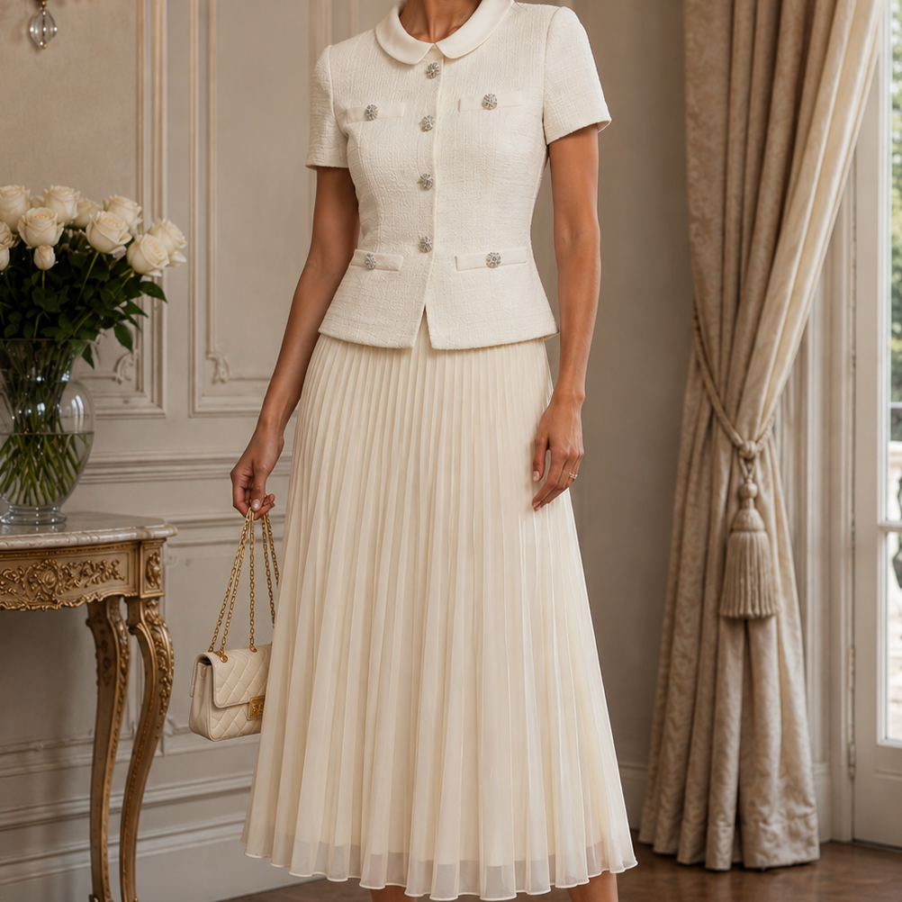 Jessica Bara Dairie Tweed Pleated Maxi Dress