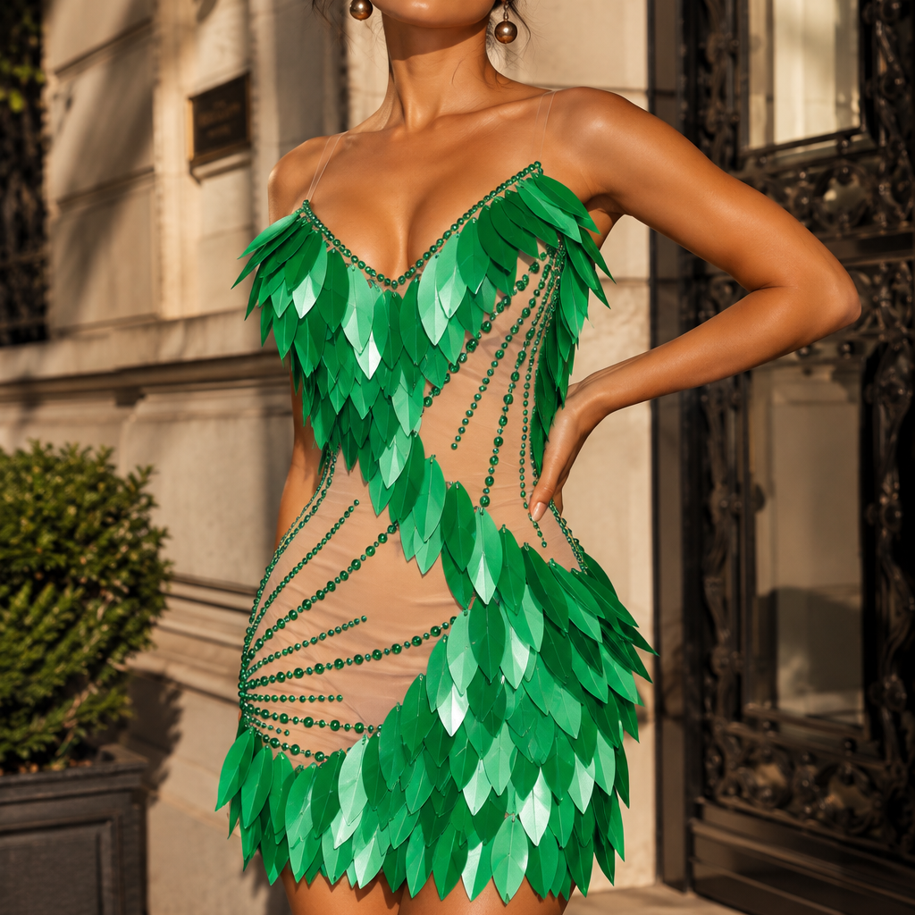 Jessica Bara Dency Sequin Beaded Feather Mini Dress