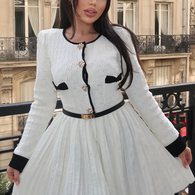 Jessica Bara Demetri Pleated Knit Long Sleeve Mini Dress