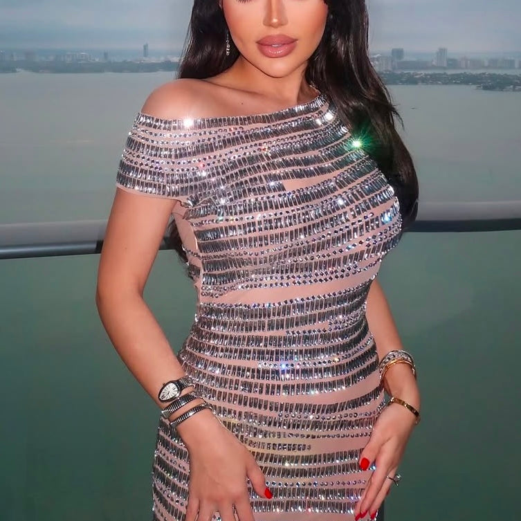 Jessica Bara Jona Off The Shoulder Rhinestone Mini Dress