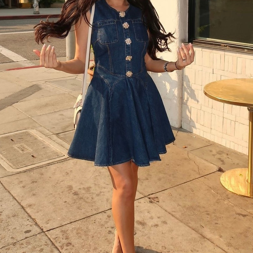 Jessica Bara Landie Denim Gold Button Mini Dress