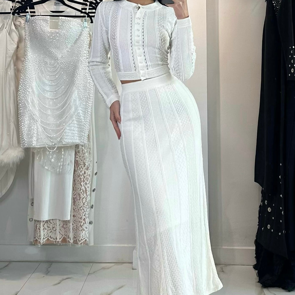 Jessica Bara Akia Long Sleeve Top and Maxi Skirt Two Piece Set