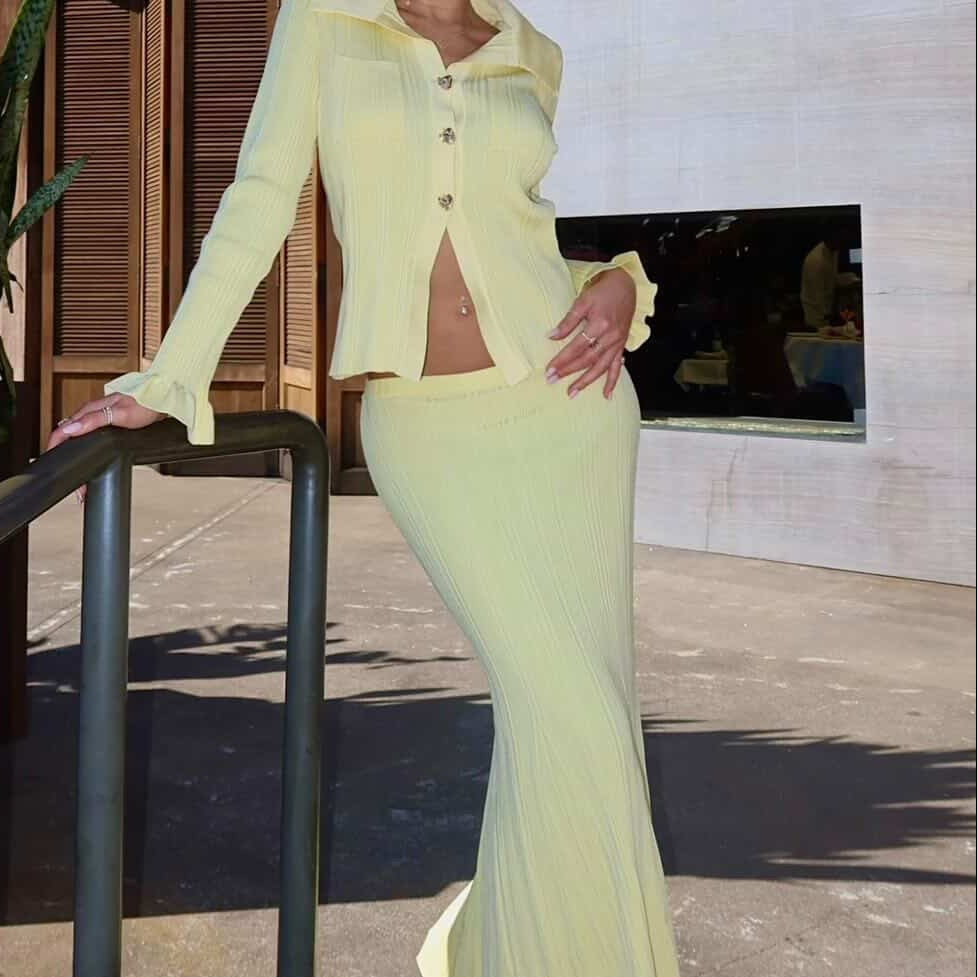 Jessica Bara Giannel Gold Button Long Sleeve Top And Skirt Two Piece Set