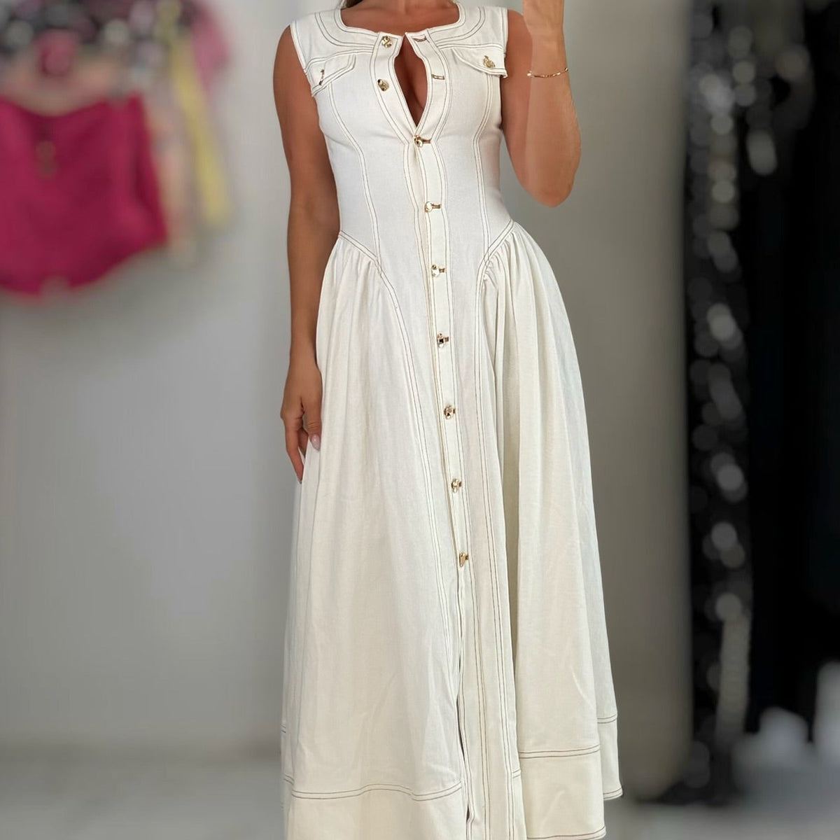 Jessica Bara Ariza Gold Button Denim Maxi Dress