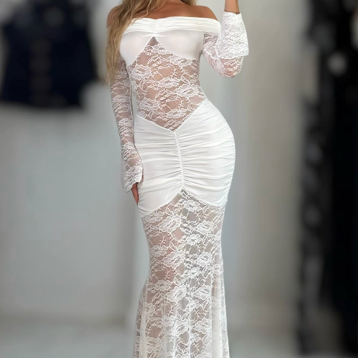 Jessica Bara Seika Off The Shoulder Lace See Through Maxi Dress