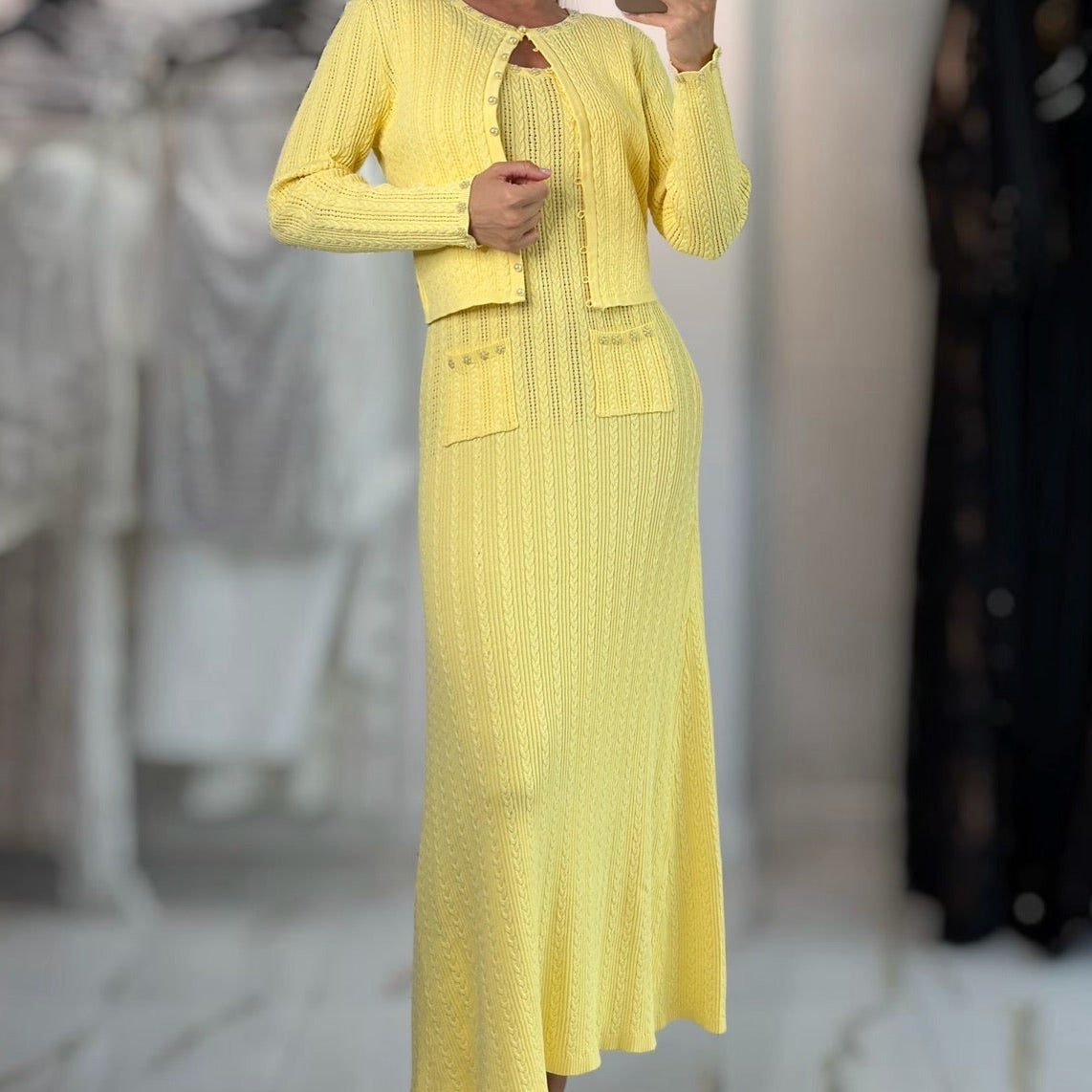 Jessica Bara Zarmesh Knit Cardigan and Maxi Dress Two Piece Set
