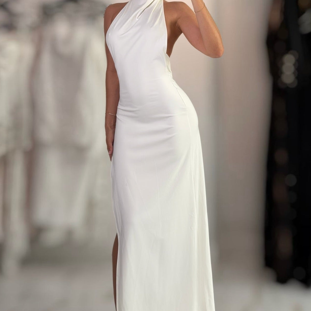 Jessica Bara Siema High Neck Halter Slit Backless Gown