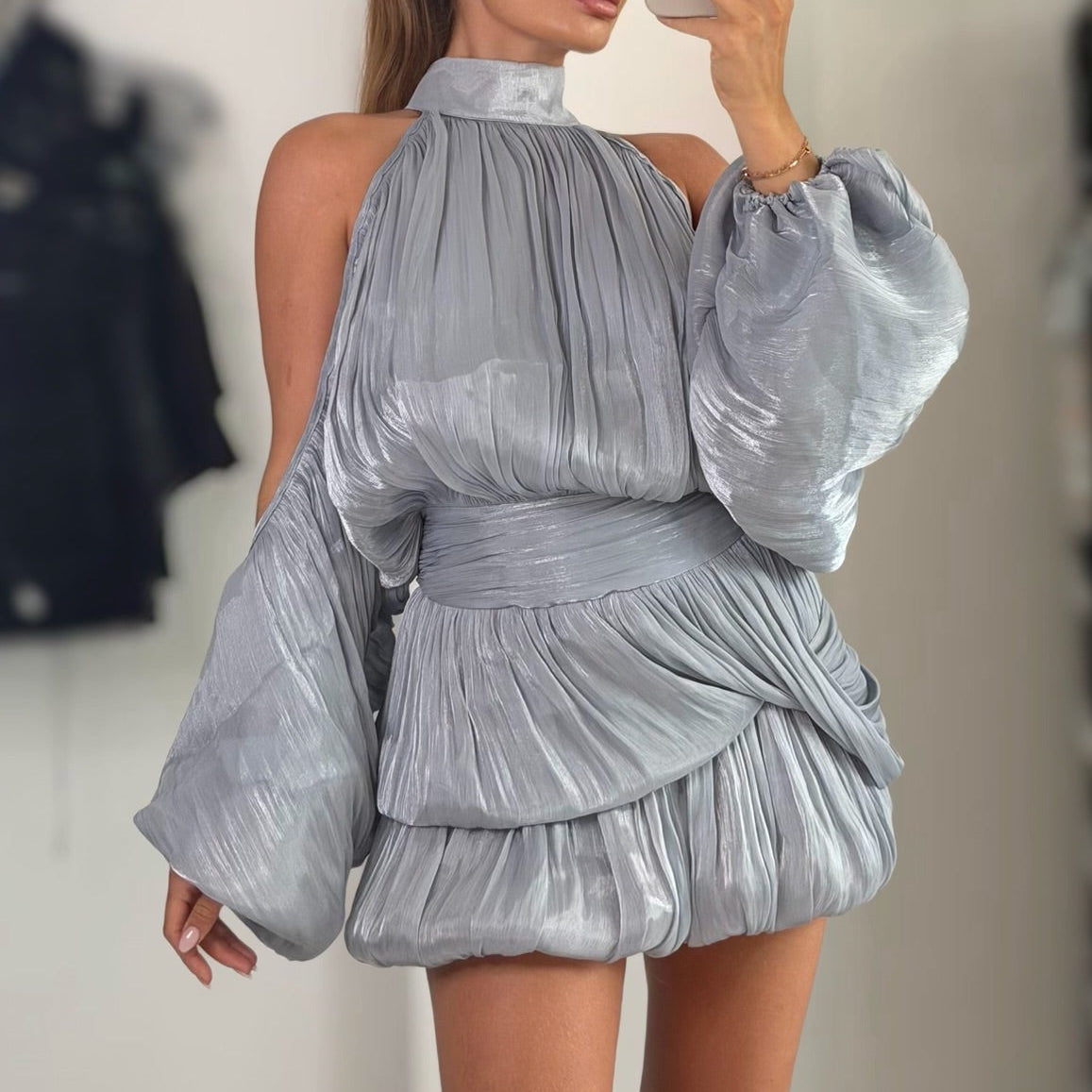 Jessica Bara Kavine Open Shoulder Halter Mini Dress