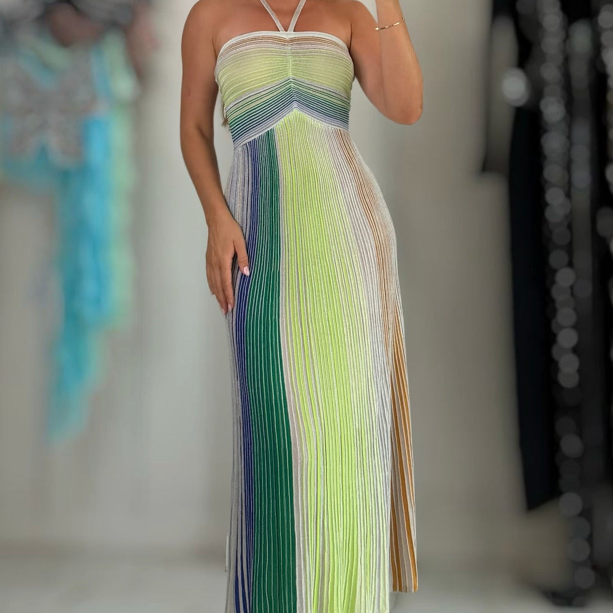 Jessica Bara Rouge Halter Pleated Maxi Dress