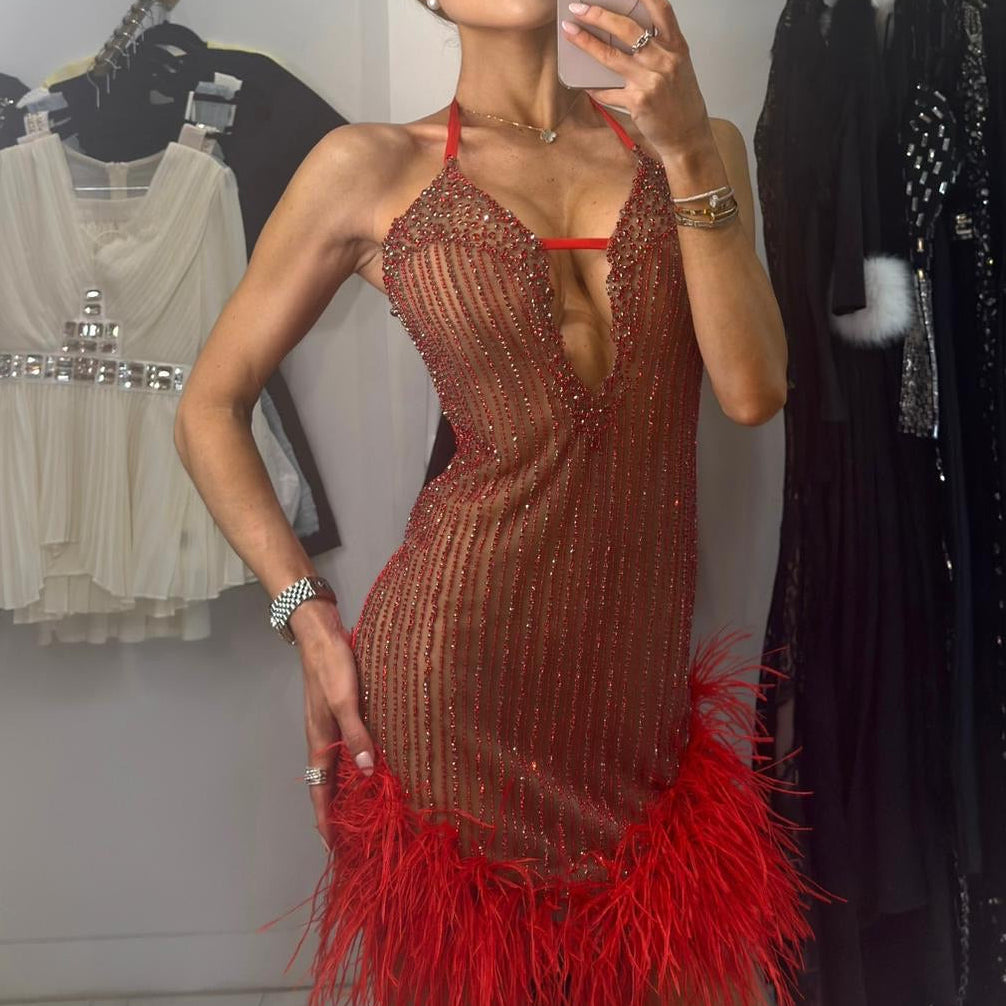 Jessica Bara Romand V Neck Crystal Feather Mini Dress