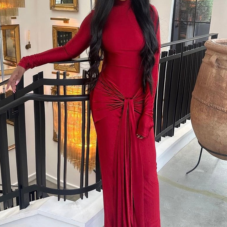 Jessica Bara Adara Turtleneck Tie Front Long Sleeve Maxi Dress