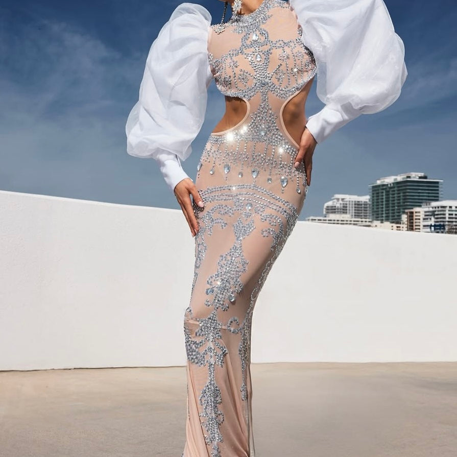 Jessica Bara Adriana High Neck Puff Sleeve Cut Out Crystal Maxi Dress