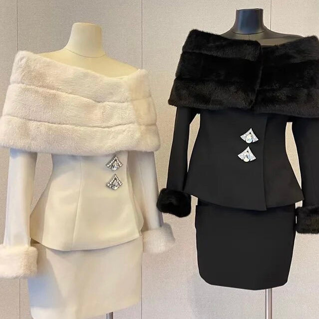 Jessica Bara Alaia Fur Coat and Mini Skirt Two Piece Set