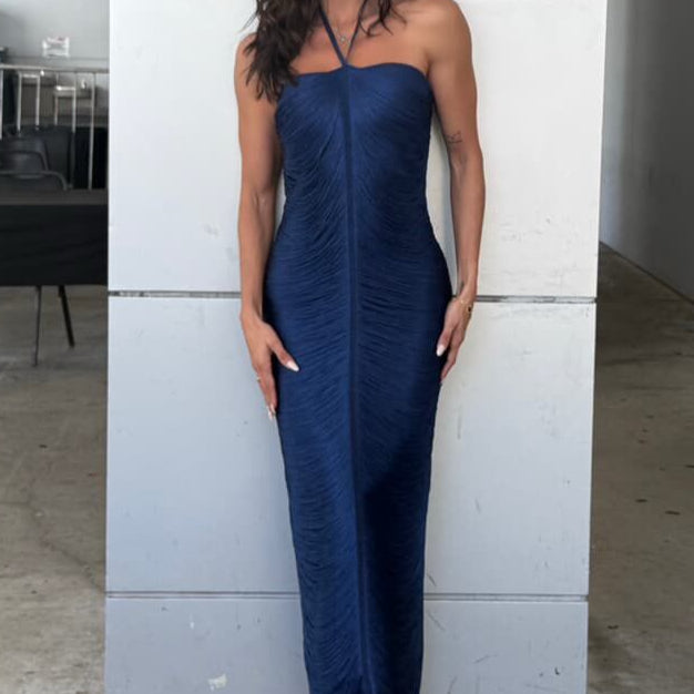 Jessica Bara Alaiza Fringe Halter Neck Maxi Dress