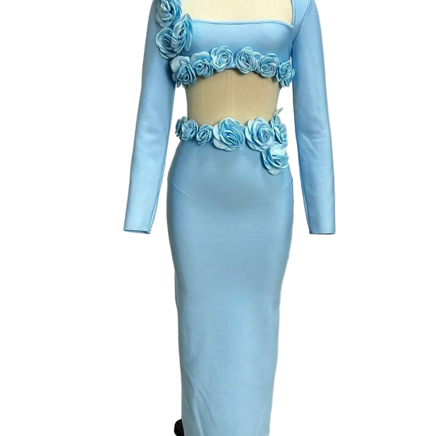 Jessica Bara Alisha Flower Long Sleeve Top and Maxi Skirt Two Piece Set