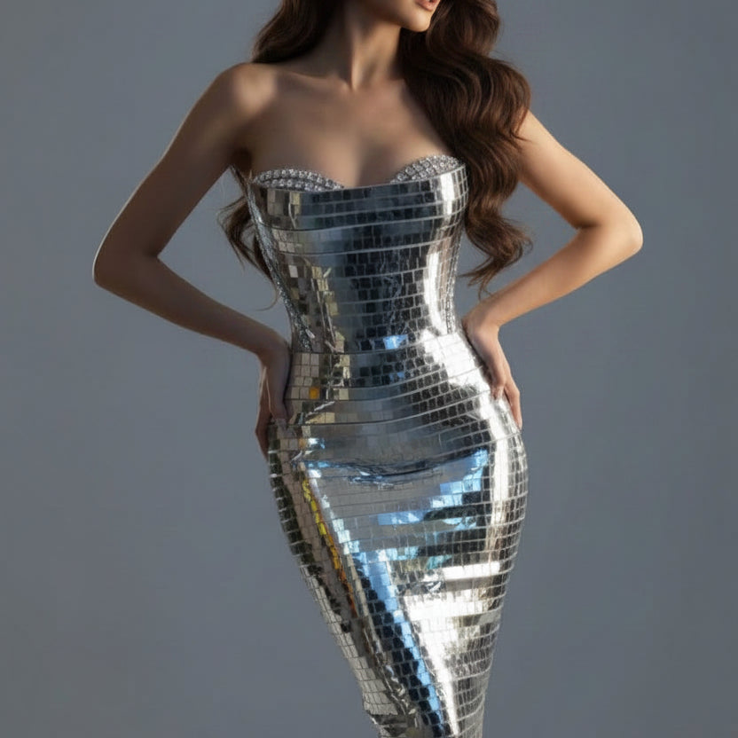 Jessica Bara Alivah Strapless Tube Metallic Maxi Dress
