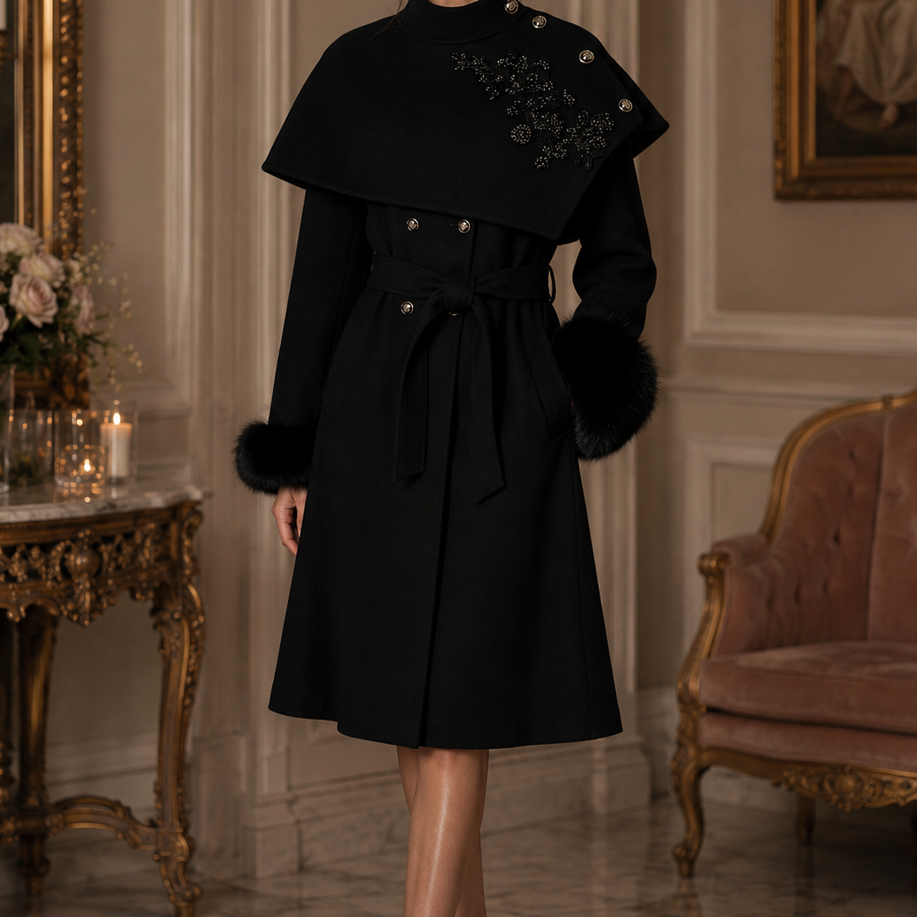 Jessica Bara Ambrosia Crystal Flower Belted Long Coat
