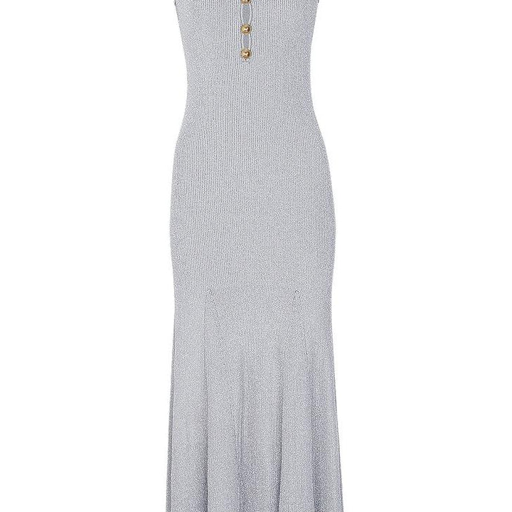 Jessica Bara Amiza Gold Button Turtleneck Maxi Dress
