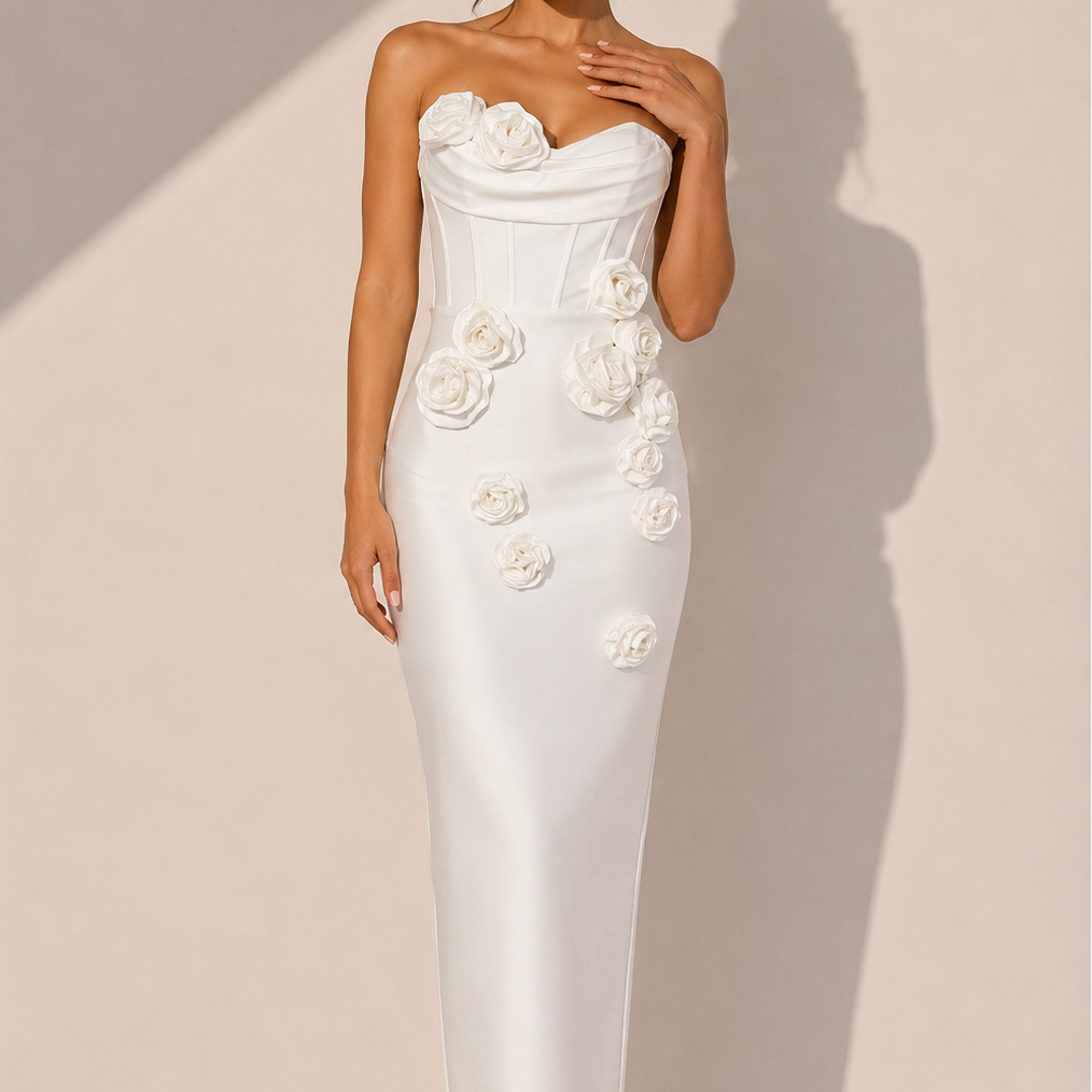 Jessica Bara Aren Strapless Tube Flower Bodycon Maxi Dress