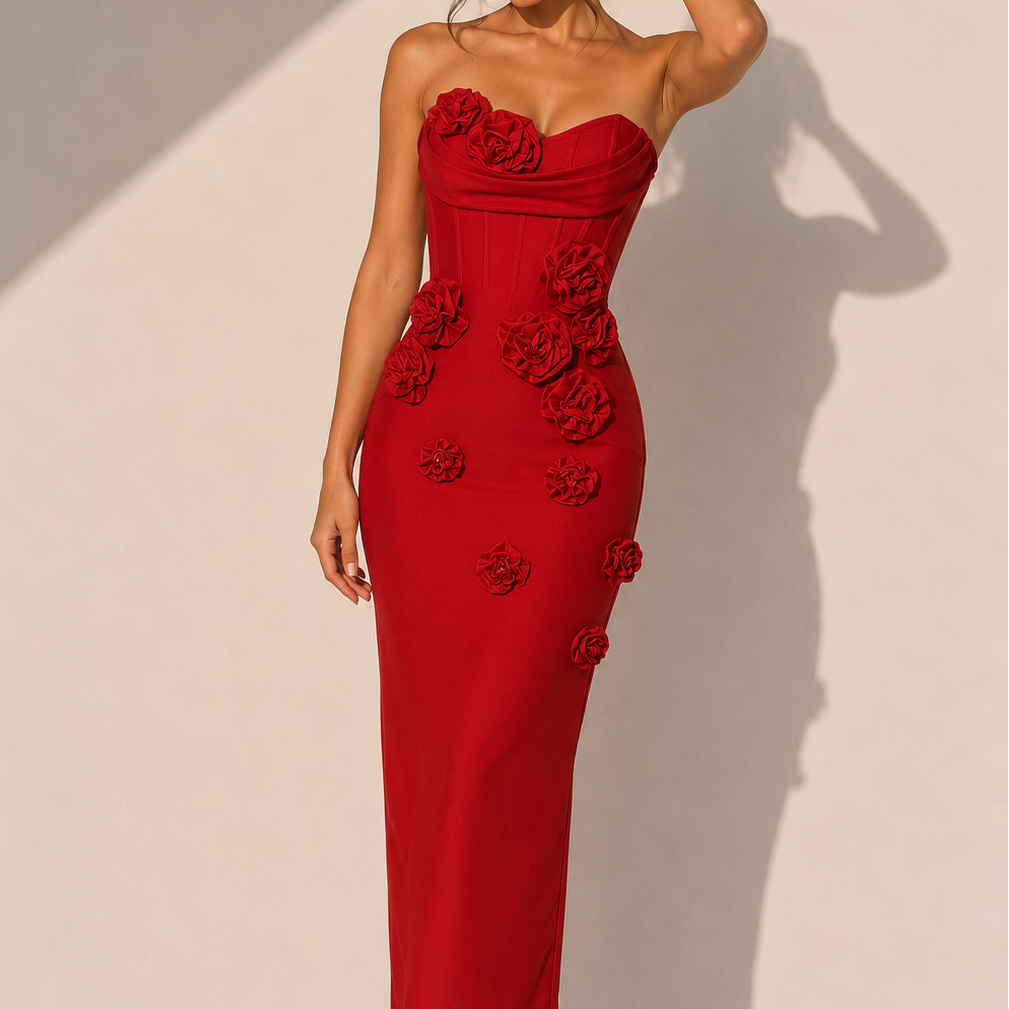 Jessica Bara Aren Strapless Tube Flower Bodycon Maxi Dress