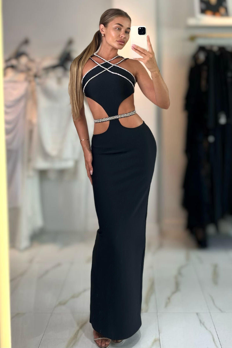 Jessica Bara Ashtine Crystal Cut Out Maxi Dress