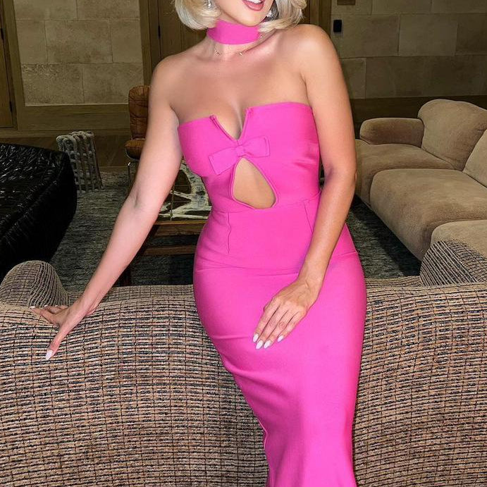 Jessica Bara Asner Choker Ribbon Cut Out Maxi Dress