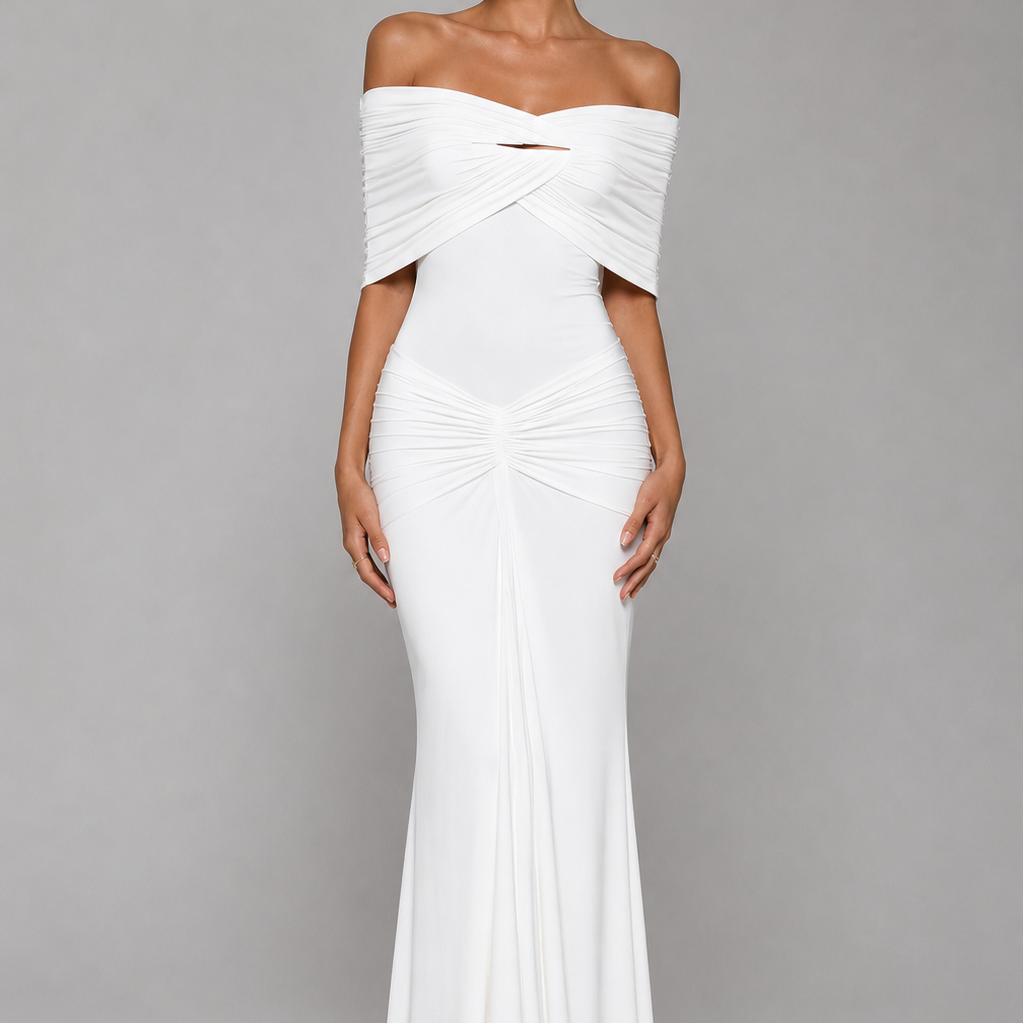 Jessica Bara Avendi Off The Shoulder Ruched Gown